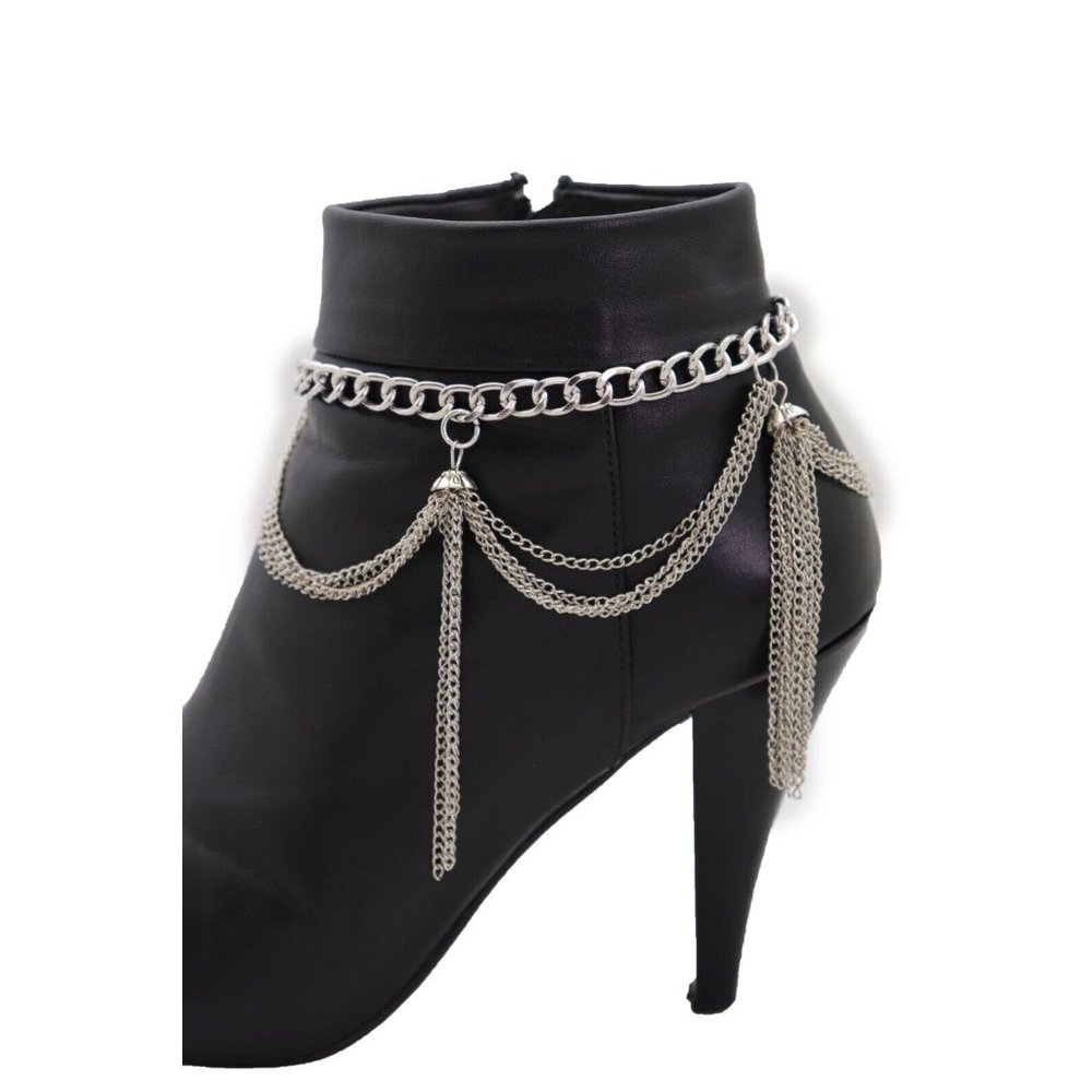 Women Silver Metal Chain Boot Bracelet Miami Beach Shoe Tassel Fringe Charms - Picture 9 of 12